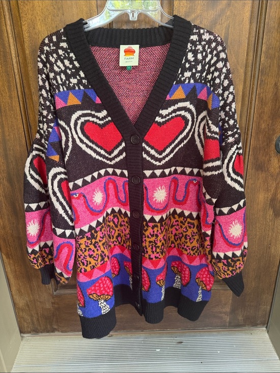 FARM Rio Sweaters - FARM Rio Black Multicolor Heart & Mushroom Knit Cardigan